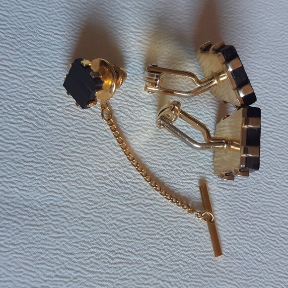 Vintage 1960s Wood Inlay Cuff Link & Tie Tack Set Gold Tone - Picture 2 of 8